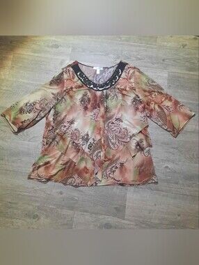 Womens Dressbarn Brown Paisley Layered Blouse with Sequin Neckline